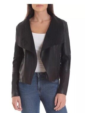 Women's Black Draped Open-Front Faux Leather Jacket